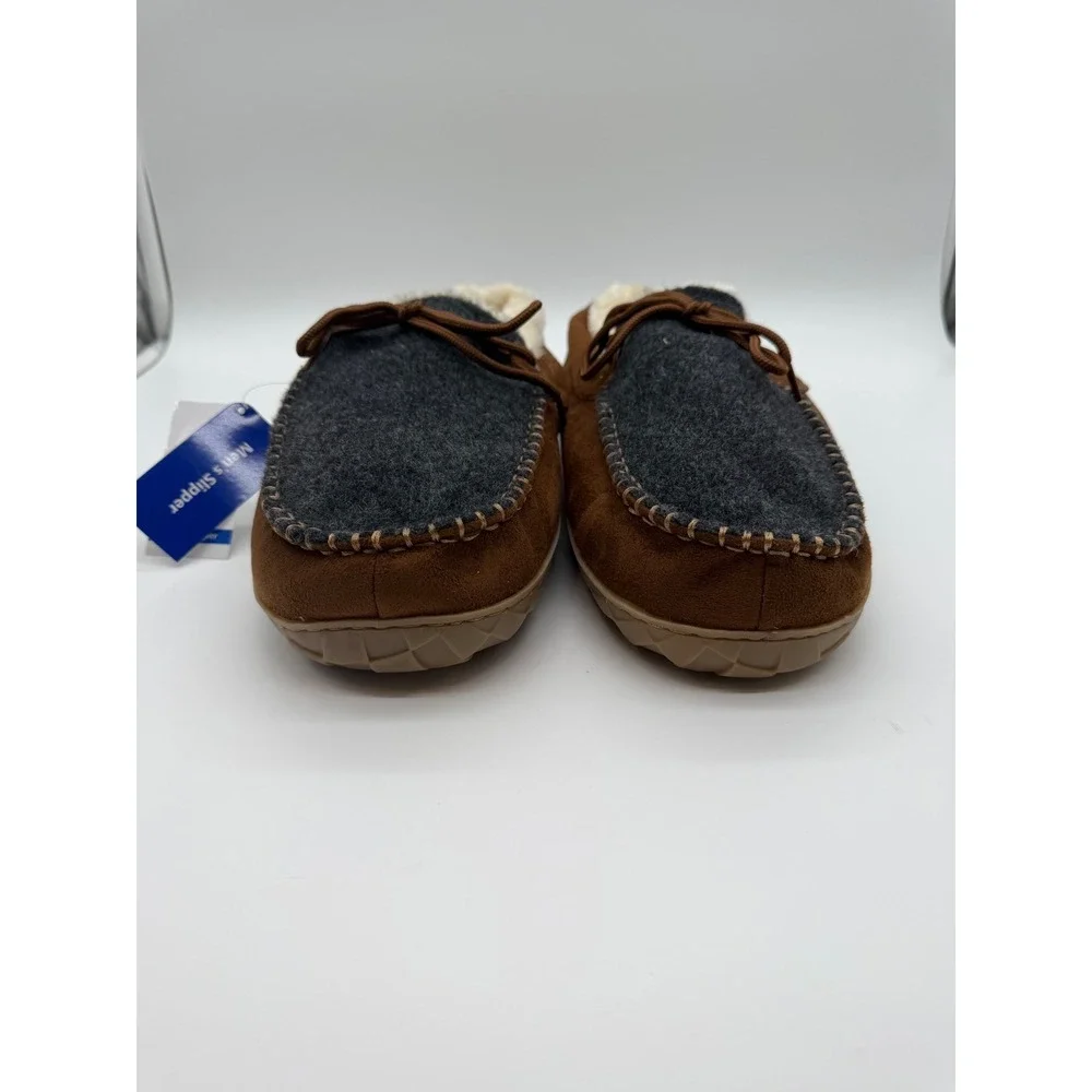 Mens Brown Faux Suede Moccasin Slippers Trim Faux Fur Lined Size 12 NEW